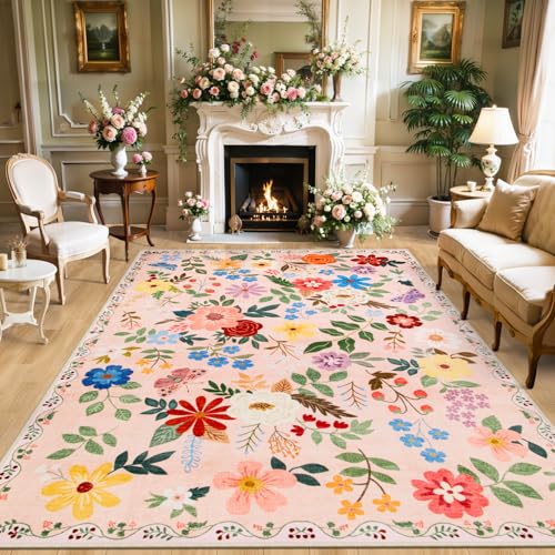 Teppich für Wohnzimmer, 25,4 x 30,5 cm, Blumenmuster, waschbar, Vintage, groß, weich, Boho, rutschfest, schmutzabweisend, Niederflor-Teppiche für Schlafzimmer, Esszimmer, Bauernhaus, Kinderzimmer von PLHXFR
