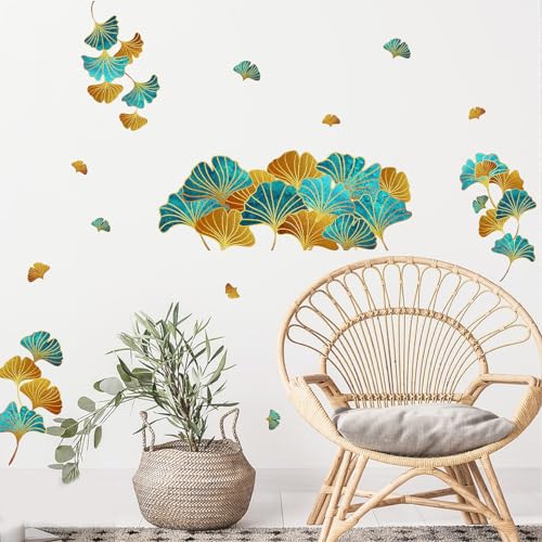 PLIGREAT Gold Ginkgo Blatt Wandaufkleber für Schlafzimmer Wohnzimmer Exquisite Grüne Blätter Flur Office Home Dekor Wandsticker DIY Hintergrund Wandbilder von PLIGREAT