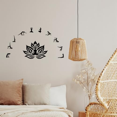 PLIGREAT 11 Pcs Yoga Poseture Wandtattoos DIY Schwarz Mandala Lotus Abnehmbare Vinyl Aufkleber für Yoga Center Wohnzimmer Meditationsraum Home Hintergrund Wandkunst Dekor Yoga Liebhaber Geschenk von PLIGREAT