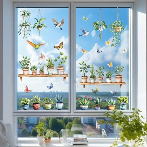 PLIGREAT 2 Blätter Hängende Grüne Pflanze Fenster Klammern Vögel Topfpflanze Plattform Fenster Aufkleber Selbstklebende Kreative DIY Aufkleber für Schlafzimmer Zuhause Fenster Dekor von PLIGREAT