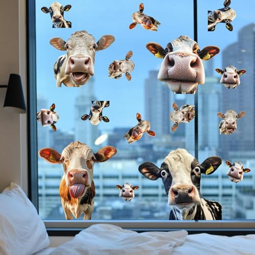 PLIGREAT 2 Blätter Lustige Kuh Statische Fenster Aufkleber 3D Lebensechte Kuh Thema Fensterklammern Selbstklebende Fenster Dekor für Schlafzimmer Zuhause Festival Party Fenster Glas Dekor von PLIGREAT