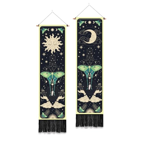 PLIGREAT 2 Pack Sun Moon Wall Tapestry Green Moth Vertical Tapestry with Tassels Aesthetic Cloud Star Wall Hanging for Bedroom Living Room Dorm Room Black Long Narrow Wall Art Decor von PLIGREAT