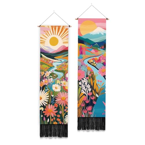 PLIGREAT 2 Packung Bunter Vertikaler Wandteppich Mit Abstraktem Landschaftsmuster Vintage Boho Wandbehang Für Schlafzimmer Wohnzimmer Büro Heimdekoration Langer Schmaler Kunst Wandteppich Mit Quasten von PLIGREAT