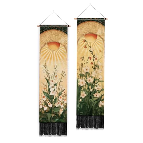 PLIGREAT 2 Packung Gewölbter Vertikaler Wandteppich Mit Pflanzenmuster Und Sonne Und Mond Vintage Stil Ästhetischer Wandbehang Für Schlafzimmer Wohnzimmer Büro Heimdekoration von PLIGREAT