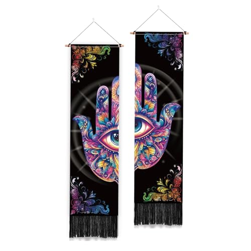 PLIGREAT 2 Packung Hamsa Hand Wandbehang Langer Schmaler Wandteppich Mit Quasten Und Bösem Blick Vertikaler Boho Mandala Wandteppich Für Schlafzimmer Wohnzimmer Zuhause Yoga Raum 52" x 13"/130 x 33cm von PLIGREAT