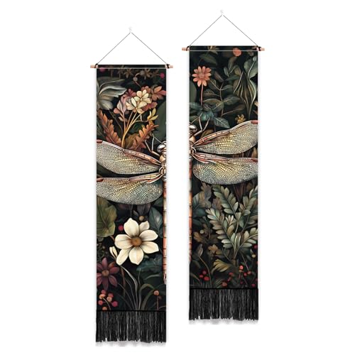 PLIGREAT 2 Packung Libellen Wandteppich Mit Quasten Ästhetischer Wandteppich Im Vintage Stil Vertikale Pflanzen Blumenmuster Wandbehang Lang Schmal Kunstdekor Für Schlafzimmer Wohnzimmer Zuhause von PLIGREAT