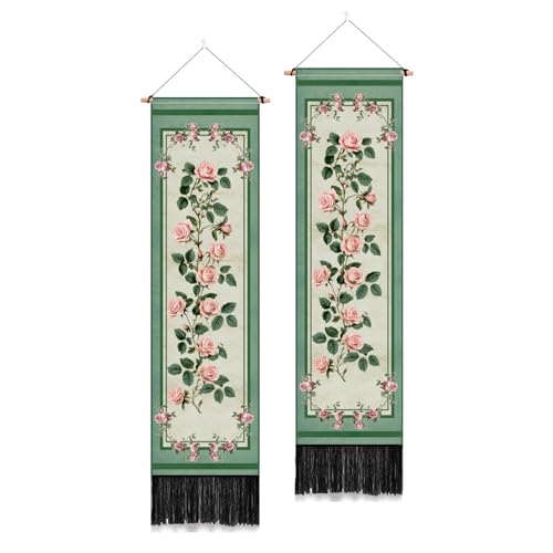 PLIGREAT 2 Packung Rosen Eck Wandteppich Vintage Vertikaler Grüner Wandbehang Mit Quasten Ästhetischer Wandteppich Für Schlafzimmer Badezimmer Wohnzimmer Wandbehang Heimkunstdekor Einweihungsgeschenk von PLIGREAT