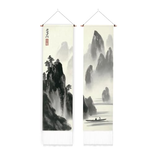 PLIGREAT 2 Packung Traditioneller Wandteppich Mit Tinte Und Quasten Chinesische Antike Landschafts Wandteppiche Schwarz Weiß Wandbehang Für Schlafzimmer Wohnzimmer Lang Schmal Kunstdekor 130 x 33cm von PLIGREAT