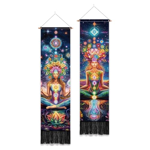 PLIGREAT 2 Packung Vertikaler Wandteppich Mit Quasten Chakra Yoga Stil Wandbehang Für Schlafzimmer Badezimmer Wohnzimmer Warm Lang Schmal Wandbehang Schlafsaal Heimkunstdekor 52" x 13"/130 x 33cm von PLIGREAT