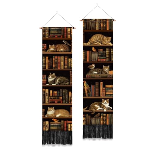 PLIGREAT 2 Packung Vintage Bücherregal Wandbehänge Klassischer Bibliotheks Wandteppich Mit Quasten Vertikale Katzen Wandteppich Für Schlafzimmer Wohnzimmer Heimdekoration von PLIGREAT