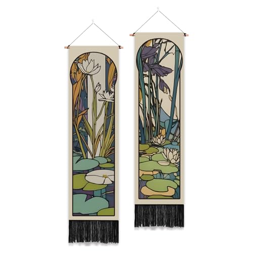PLIGREAT 2 Packung Wandteppich Im Mucha Teich Stil Vertikale Kunst Lotus Wandbehang Mit Quasten Ästhetischer Wandteppich Für Schlafzimmer Badezimmer Wohnzimmer Schmaler Wandbehang Heimkunstdekor von PLIGREAT