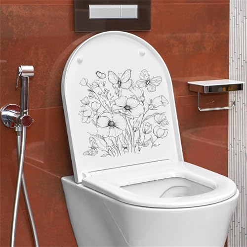 PLIGREAT 2 Stück Blume WC Tank und Sitz Deckel Aufkleber Schwarze Linie Art WC Sitz Aufkleber Abnehmbare DIY Aufkleber für Badezimmer Badewannen Dekor Selbstklebende Zuhause Wandaufkleber von PLIGREAT