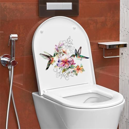 PLIGREAT 2 Stück Kolibri Linie Kunst Toilettensitz Deckel Aufkleber Bunte Blume Pflanze Toilettensitz Aufkleber Abnehmbare DIY Aufkleber für Badezimmer Badewannen Dekor Selbstklebender Aufkleber von PLIGREAT