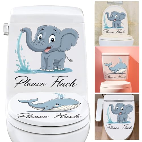 PLIGREAT 2 Stück niedliche Tiertoilette Aufkleber, Elefant und Wal Toilettensitz Deckel Aufkleber abnehmbar selbstklebend bitte spülen Wandtattoos für Badezimmer Badewannen Abdeckung Dekor WC Toilette von PLIGREAT