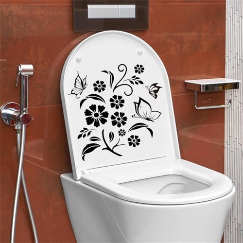 PLIGREAT 2 Stück schwarze Blumen WC Aufkleber WC Sitz Deckel Aufkleber abnehmbare selbstklebende DIY Aufkleber für Badezimmer Badewannen WC Abdeckung Dekor WC Toilette Märtern Wandkunst Aufkleber von PLIGREAT