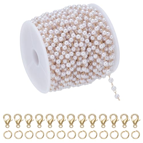 PLIGREAT 20 m/65 Fuß Weiße Perlenrolle 4mm Kunstperlen String Spule Mit Karabinerverschlüssen Und Offenen Ringen Perlengirlande Für Die Herstellung von DIY Schmuck von PLIGREAT