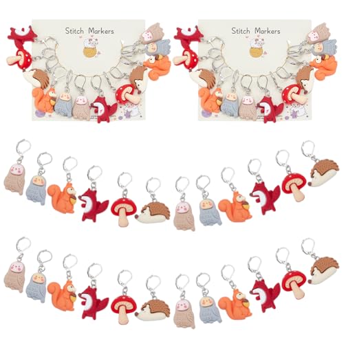 PLIGREAT 24 Stück Eichhörnchen Eulen Pilz häkeln Maschenmarkierer Charms Strickreihe Zähler Verriegelung Markierungen Nadelclip Strickwerkzeug Kit für Mama Schneider Schmuckherstellung Zubehör von PLIGREAT