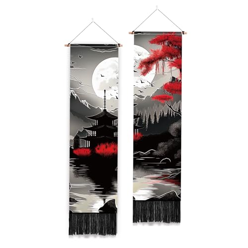PLIGREAT 2er-Pack Bergwald Wandteppich Silhouette Stil Landschaft Loft Vertikaler Wandbehang mit Quasten Ästhetischer Wandbehang für Schlafzimmer Langer Schmaler Wandbehang Einweihungsgeschenk von PLIGREAT