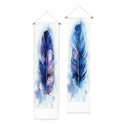 PLIGREAT 2er-Pack Blauer Federteppich Vertikaler Wandbehang mit Quasten Ästhetischer Wandteppich für Schlafzimmer Badezimmer Wohnzimmer Langer schmaler Wandbehang Home Art Decor Einweihungsgeschenk von PLIGREAT