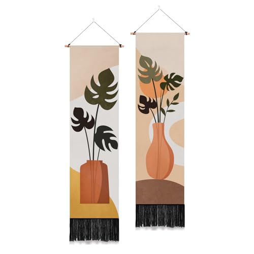 PLIGREAT 2er Pack Böhmen Blätter Wandteppich Vertikale Pflanze Wandbehang Vintage Boho Wanddekoration Wandbehang mit Quasten Botanische Ästhetik Langer schmaler Wandteppich für Wohnzimmer von PLIGREAT