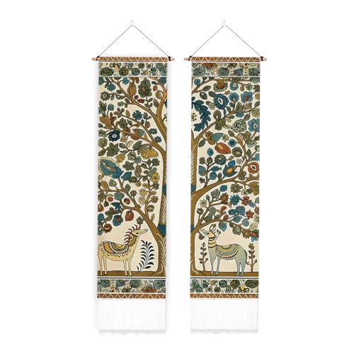 PLIGREAT 2er-Pack Hirsch und Baum Wandteppich Folk Art Stil Wandbehang Vertikaler Wandbehang mit Quasten Ästhetischer Wandbehang für Schlafzimmer Langer Schmaler Wandbehang Einweihungsgeschenk von PLIGREAT