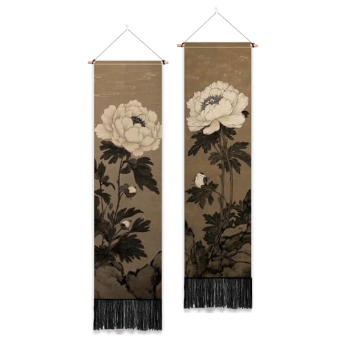 PLIGREAT 2er Pack Japanische Pfingstrose Vertikaler Wandteppich mit Quasten Elegante Blumen Wandbehang für Schlafzimmer Wohnzimmer Warme Lange Schmale Wandbehang Schlafsaal Zimmer Zuhause Kunst Dekor von PLIGREAT
