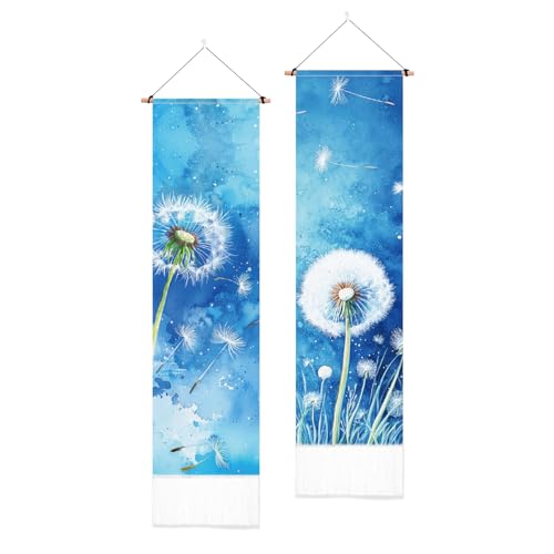 PLIGREAT 2er Pack Löwenzahn Wandteppich Wunschblume Wandbehang mit Quasten Ästhetischer blauer Wandbehang für Schlafzimmer Badezimmer Wohnzimmer Wohnheim Zimmer Lange schmale Wandbehang Home Art Decor von PLIGREAT