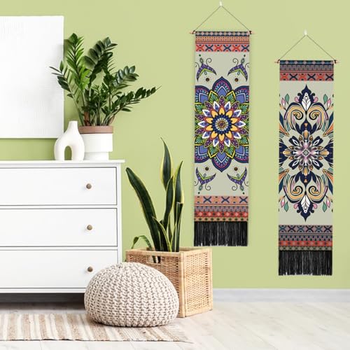 PLIGREAT 2er-Pack Mandala-Muster-Wandteppich Böhmischer Wandteppich vertikaler Wandbehang mit Quasten ästhetischer Wandbehang für Wohnzimmer langer schmaler Wandbehang Einweihungsgeschenk, 130x33 cm von PLIGREAT