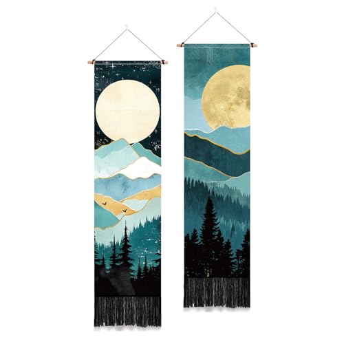 PLIGREAT 2er Pack Mond Berge Wandteppich, Wald Baum lange vertikale Wandteppich Wandbehang Sternennachthimmel Wandteppich ästhetische Natur Landschaft Quasten Wandteppich für Wohnzimmer von PLIGREAT
