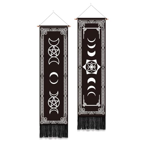 PLIGREAT 2er Pack Mondphasen Wandbehang Pentagramm Wandbehang Quasten Schwarz Ästhetischer Knoten Rand Wandteppich für Schlafzimmer Badezimmer Wohnzimmer Home Office Kunst Dekor Einweihungsgeschenk von PLIGREAT