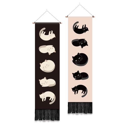 PLIGREAT 2er Pack Mondphasen Wandteppich Cartoon Katze Wandbehang mit Quasten Niedliche Wandbehang für Schlafzimmer Badezimmer Wohnzimmer Wohnheim Zimmer Lange schmale Wandbehang Home Art Decor von PLIGREAT