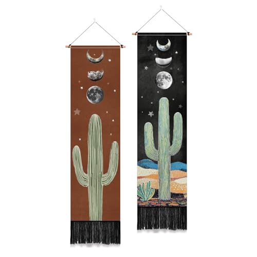 PLIGREAT 2er Pack Mondphasen Wandteppich Kaktus Wandbehang mit Quasten Ästhetische Sterne Wandbehang für Schlafzimmer Badezimmer Wohnzimmer Wohnheim Zimmer Lange schmale Wandbehang Home Kunst Dekor von PLIGREAT