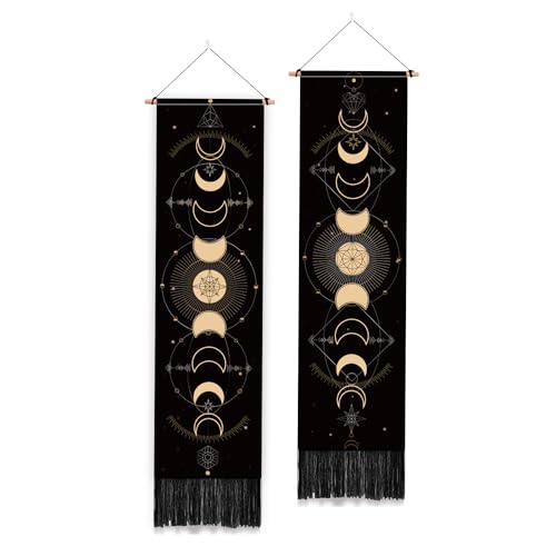 PLIGREAT 2er-Pack Mondphasen-Wandteppich vertikaler Wandbehang mit Quasten Ästhetischer Wandteppich für Schlafzimmer Badezimmer Wohnzimmer Schlafsaal Langer schmaler Wandbehang von PLIGREAT