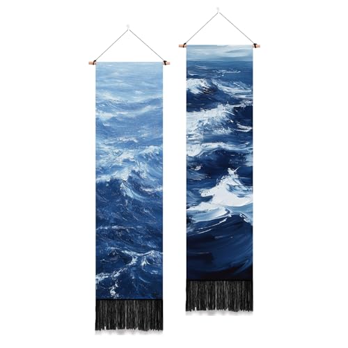 PLIGREAT 2er Pack Ozean Meer Wandteppich Blau Schmal Vertikal Hängend mit Quasten Ölgemälde Ozean Wandbehang für Schlafzimmer Badezimmer Wohnzimmer Lange Wandbehang Home Art Decor Einweihungsgeschenk von PLIGREAT
