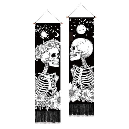 PLIGREAT 2er Pack Paar Schädel Wandteppich Ästhetik weiße Linie Kranz Schädel Vertikaler Wandbehang mit Quasten Sonne Mond Wandbehang für Schlafzimmer Zuhause Kunst Wandbehang Dekor von PLIGREAT