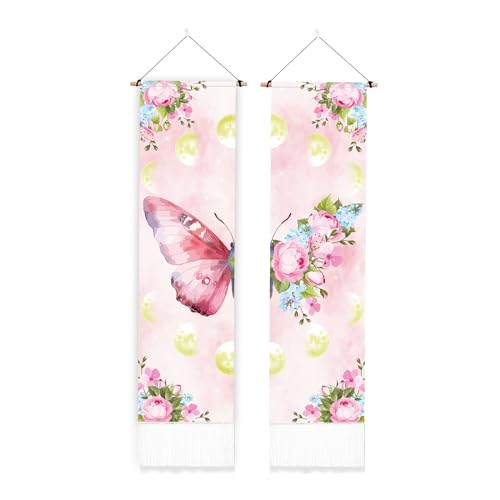 PLIGREAT 2er-Pack Rosa Schmetterlingswandteppich Ästhetischer Wandwandteppich für Schlafzimmer Badezimmer Wohnzimmer Vintage Mondphase vertikaler Wandbehang mit Quaste Home Art Decor von PLIGREAT