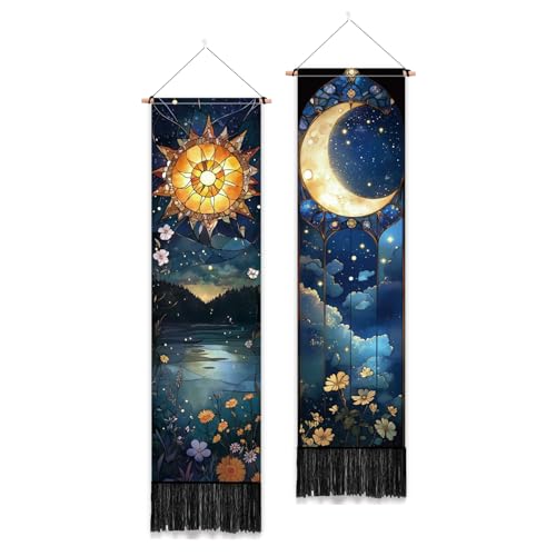 PLIGREAT 2er Pack Sonne Mond Wandteppich mit Quasten Buntglas Ästhetischer Wandbehang Vertikale Blumen Zuhause Kunst Wandteppich für Schlafzimmer Wohnzimmer Badezimmer Kunst Dekor von PLIGREAT