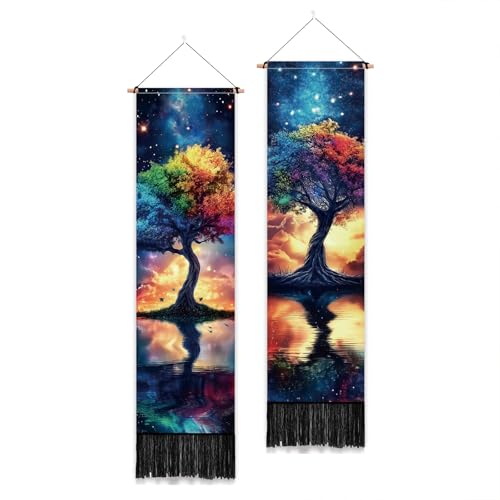 PLIGREAT 2er Pack Vertikaler Wandteppich mit Quasten Baum des Lebens Ästhetischer Wandbehang für Schlafzimmer Badezimmer Wohnzimmer Bunte Lange Schmale Wandbehang Schlafsaal Zimmer Zuhause Kunst Dekor von PLIGREAT