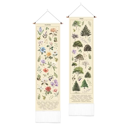 PLIGREAT 2er Pack Vintage Blumen Wandteppich Vintage Pflanzen Langer schmaler Wandbehang mit Quasten Referenz Illustrativer botanischer Wandteppich für Wohnzimmer Schlafzimmer Home Office Kunst Dekor von PLIGREAT