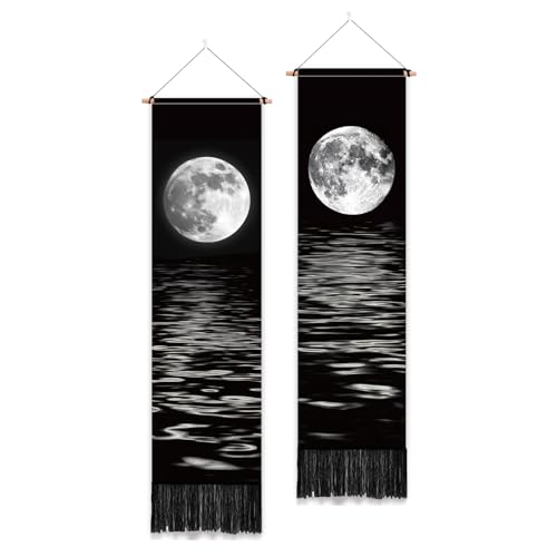 PLIGREAT 2er Pack Vollmond Wandbehang, Ozean Kunst Wandteppich mit Quaste Vertikal Schwarz und Weiß Langer schmaler Wandteppich für Schlafzimmer Wohnzimmer Badezimmer Home Dekor von PLIGREAT
