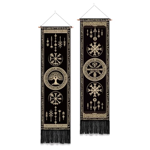 PLIGREAT 2er Pack Wikinger Symbole Wandteppich mit Quasten Baum des Lebens Ästhetischer Wandbehang Vertikal Zuhause Kunst Wandteppich für Schlafzimmer Badezimmer Wohnzimmer Kunst Dekor von PLIGREAT
