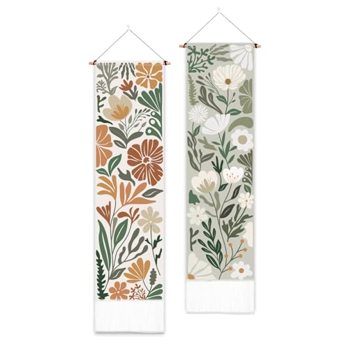 PLIGREAT 2er Pack abstrakter floraler botanischer Wandbehang, Boho-Stil Kunstteppich mit Quaste Vertikale Wildblume schmaler Wandteppich ästhetischer Wandteppich für Schlafzimmer Wohnzimmer von PLIGREAT
