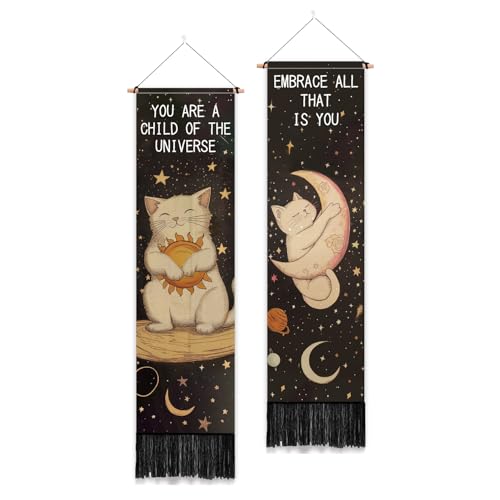 PLIGREAT 2er Pack süße Katzen Vertikaler Wandteppich Inspirierende Zitate Wandbehang für Schlafzimmer Badezimmer Wohnzimmer Warm Lange Schmale Wandbehang Schlafsaal Zimmer Zuhause Kunst Dekor von PLIGREAT