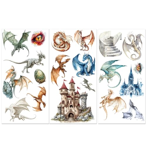 PLIGREAT 3 Blätter Drachen Muster Reiben auf Abziehbildern für Kunsthandwerk, Aquarell Schloss Möbel Transfer Aufkleber für Schublade Keramik Scrapbook Journal Dekorativ von PLIGREAT