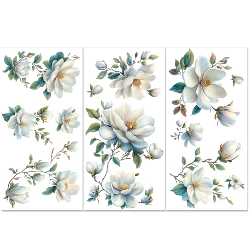 PLIGREAT 3 Blätter Magnolie reiben auf Transfer für Möbel Aquarell Blumenn reiben auf Aufkleber Vintage Blumen reiben auf Transfer Aufkleber für Holz Schrank Scrapbooking Handwerk dekorativ von PLIGREAT