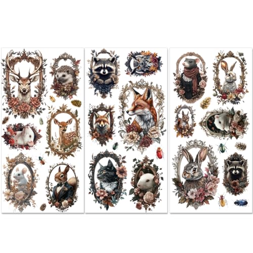 PLIGREAT 3 Blätter Vintage Tiere reiben auf Transfer für Möbel Blumenrahmen reiben auf Aufkleber Kaninchen Hirsch Fuchs Transfer Aufkleber für Schublade Schrank Keramik Scrapbooking Handwerk dekorativ von PLIGREAT