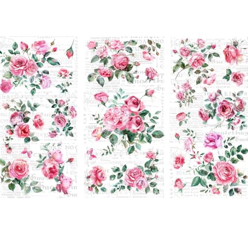 PLIGREAT 3 Blätter rosa Rose reiben auf Transfers für Kunsthandwerk Aquarell Blumen Möbel reiben auf Aufkleber Vintage Möbel Aufkleber für Holz Kommode Dekor Scrapbooking Aufkleber von PLIGREAT