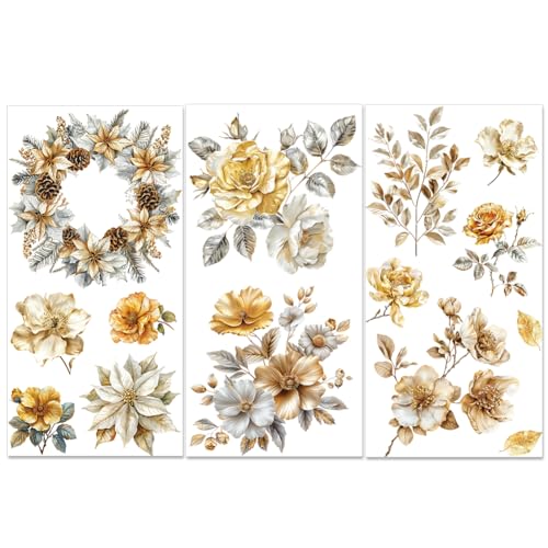 PLIGREAT 3 Blätter vergoldete Blumen reiben auf Transfers für Handwerk und Möbel Silber Weihnachtsstern Aufkleber für DIY Kleiderschrank Schublade Schrank Tür Dekoration alte Möbel Renovierung Dekor von PLIGREAT