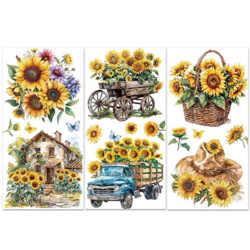 PLIGREAT 3 Blatt Aquarell SonnenBlumenn reiben auf Transfers für Kunsthandwerk Blumen Bauernhaus rustikaler Stil reiben auf Abziehbildern für Möbel Kommoden Kleiderschrank Wohnkultur Transfer von PLIGREAT