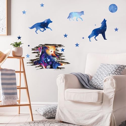 PLIGREAT 3D Gebrochene Wand Sternenhimmel Wolf Sterne Wandtattoos Abnehmbare Vinyl Wandaufkleber für Teenager-Schlafzimmer Keller Spielzimmer Wanddekoration Gemietetes Haus Wohnung Wall Art Decor von PLIGREAT